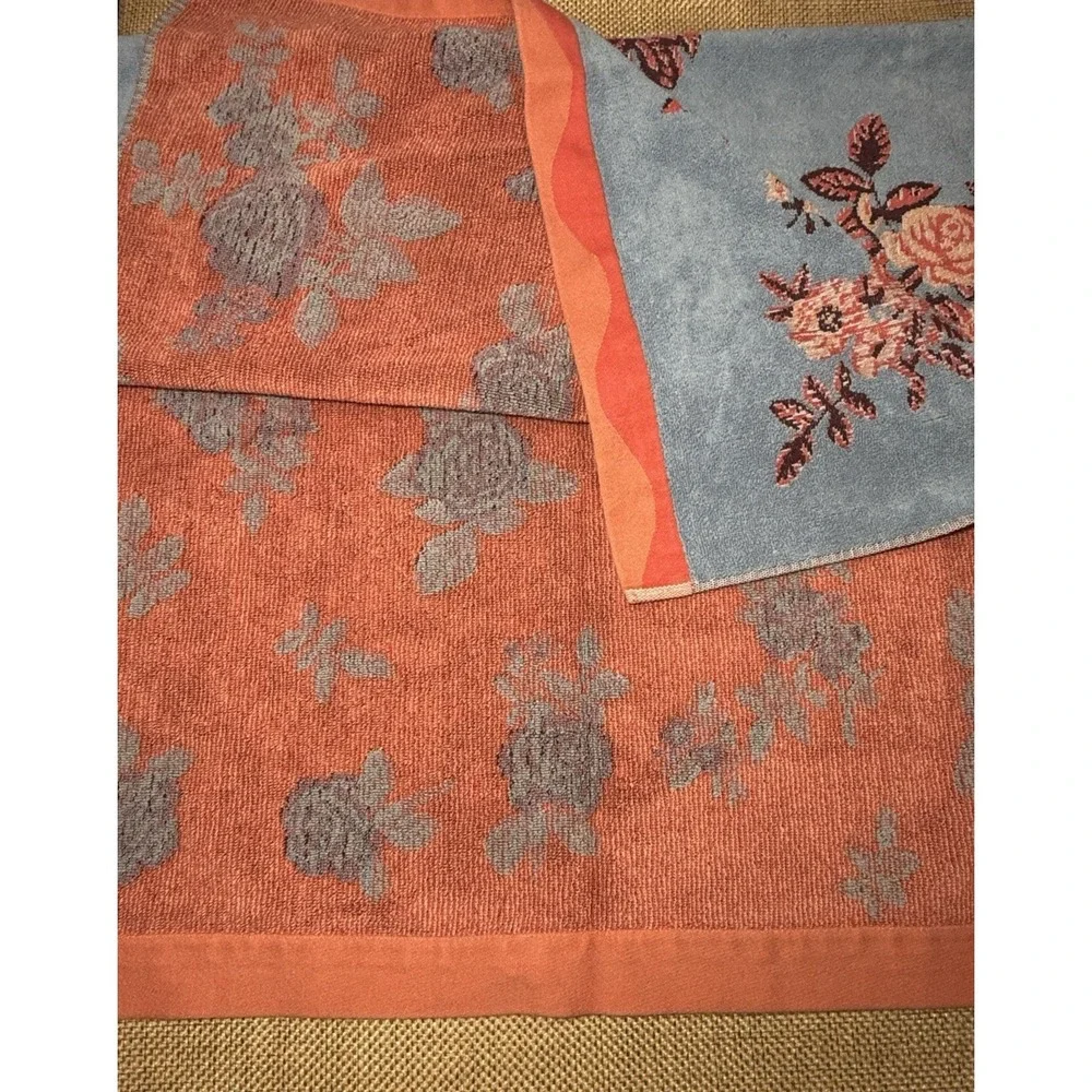 Anthropologie Towel Set Floral Blue Coral Plush Cotton Anthro Bathroom Decor